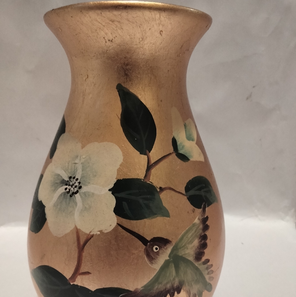 Gold Bud vase with beautiful colors and flowers, bird details